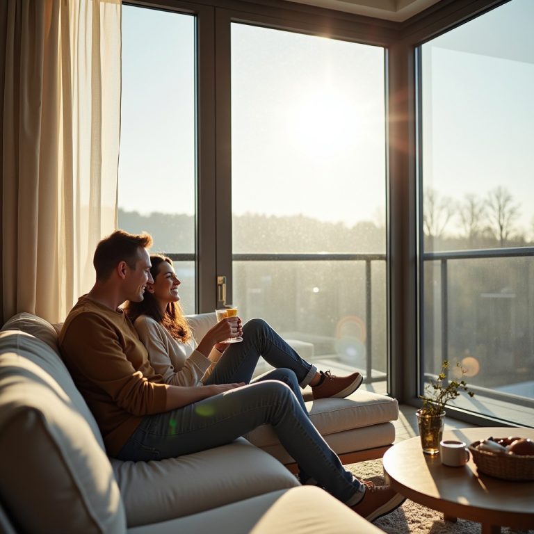 Ein glückliches Paar genießt den Ausblick nach einer professionellen Fensterreinigung in Gera.